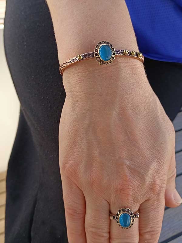 Blue Cat Eye Copper Bracelet & Ring Set – Adjustable Handmade Natural Stone Jewelry