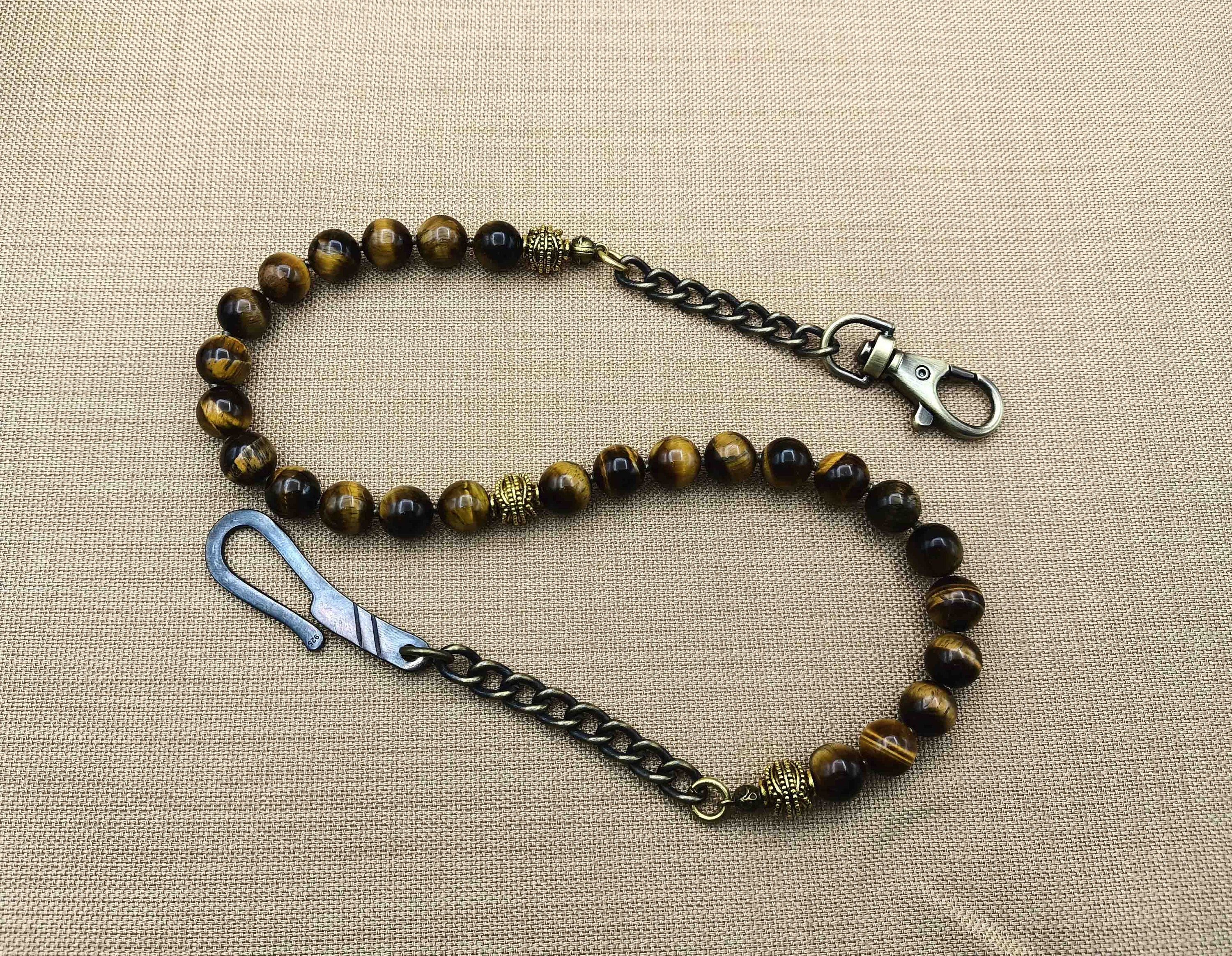 Mens Brown Beaded Bronze Wallet Chain, Antiqued Bronze Chain, Brown Tiger's Eye, Men's Jewelry