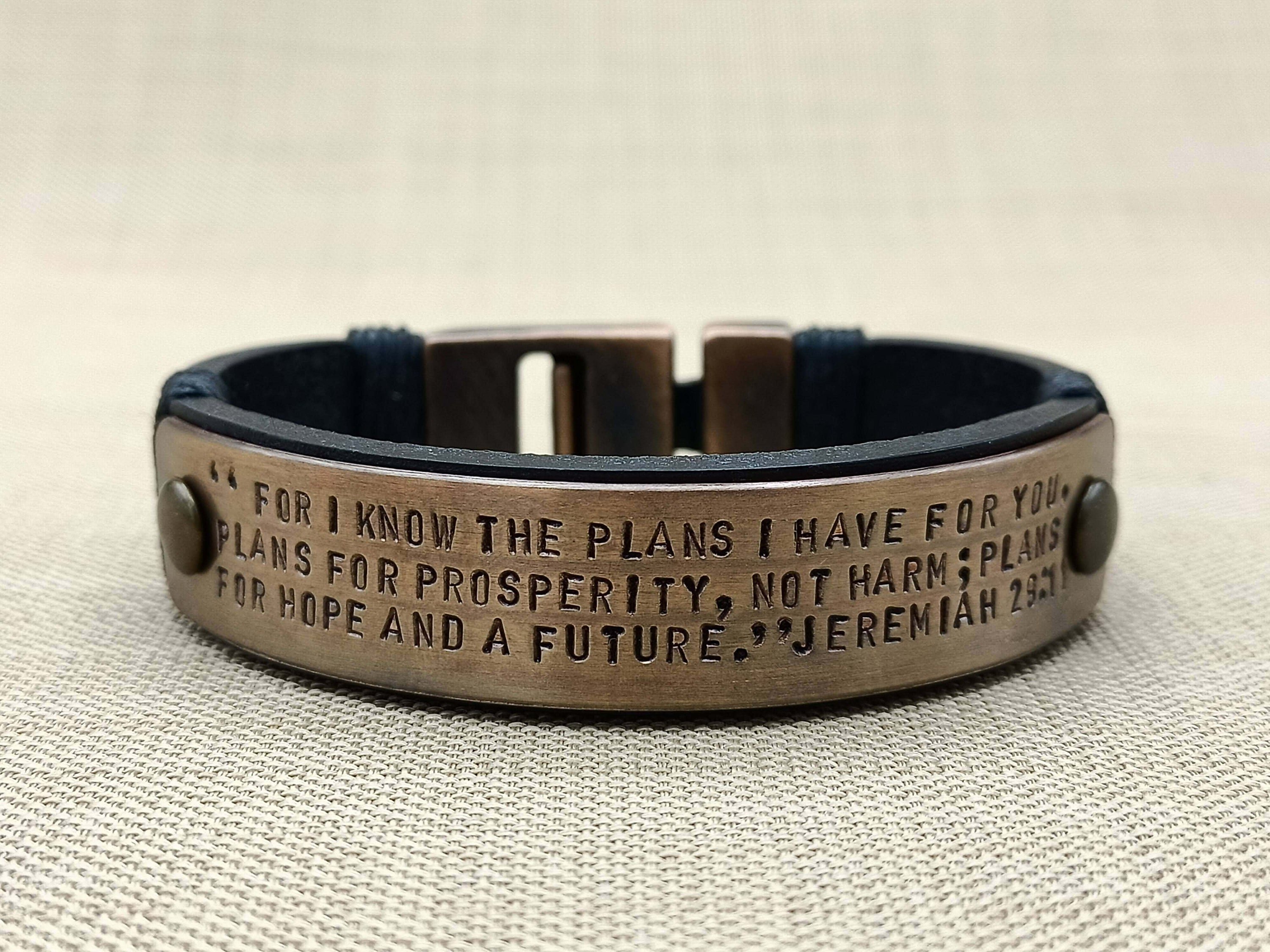 Christian Gift for Mens, Pick your Bible Verse Hand Stamped Copper Bracelet, Leather Scripture Cuff, Bible Quotes, Confirmation Gift