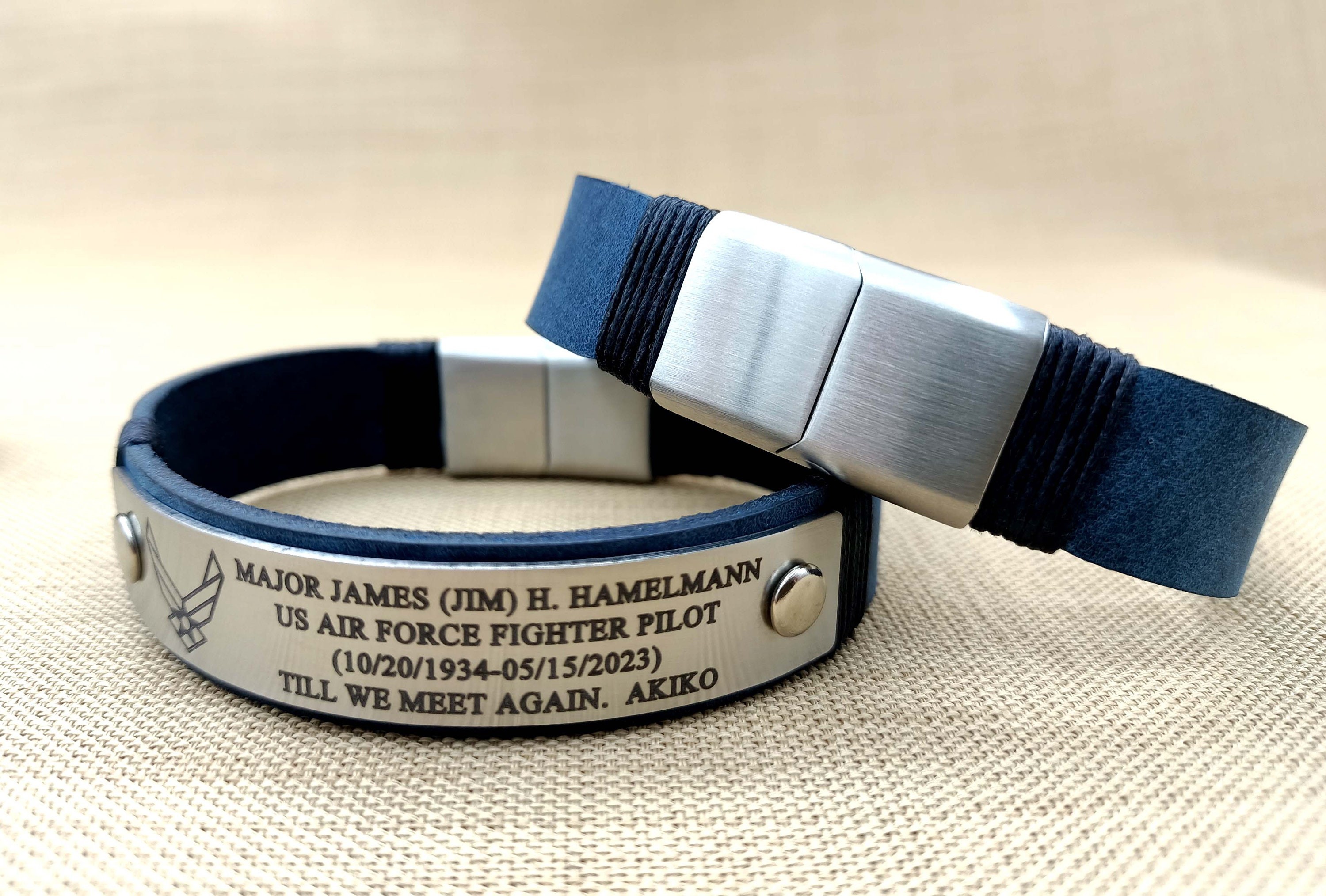 Personalized Memorial Military Leather Bracelet for Men, Deep Laser Engraved Black or Silver Stainless Steel Leather Bracelets