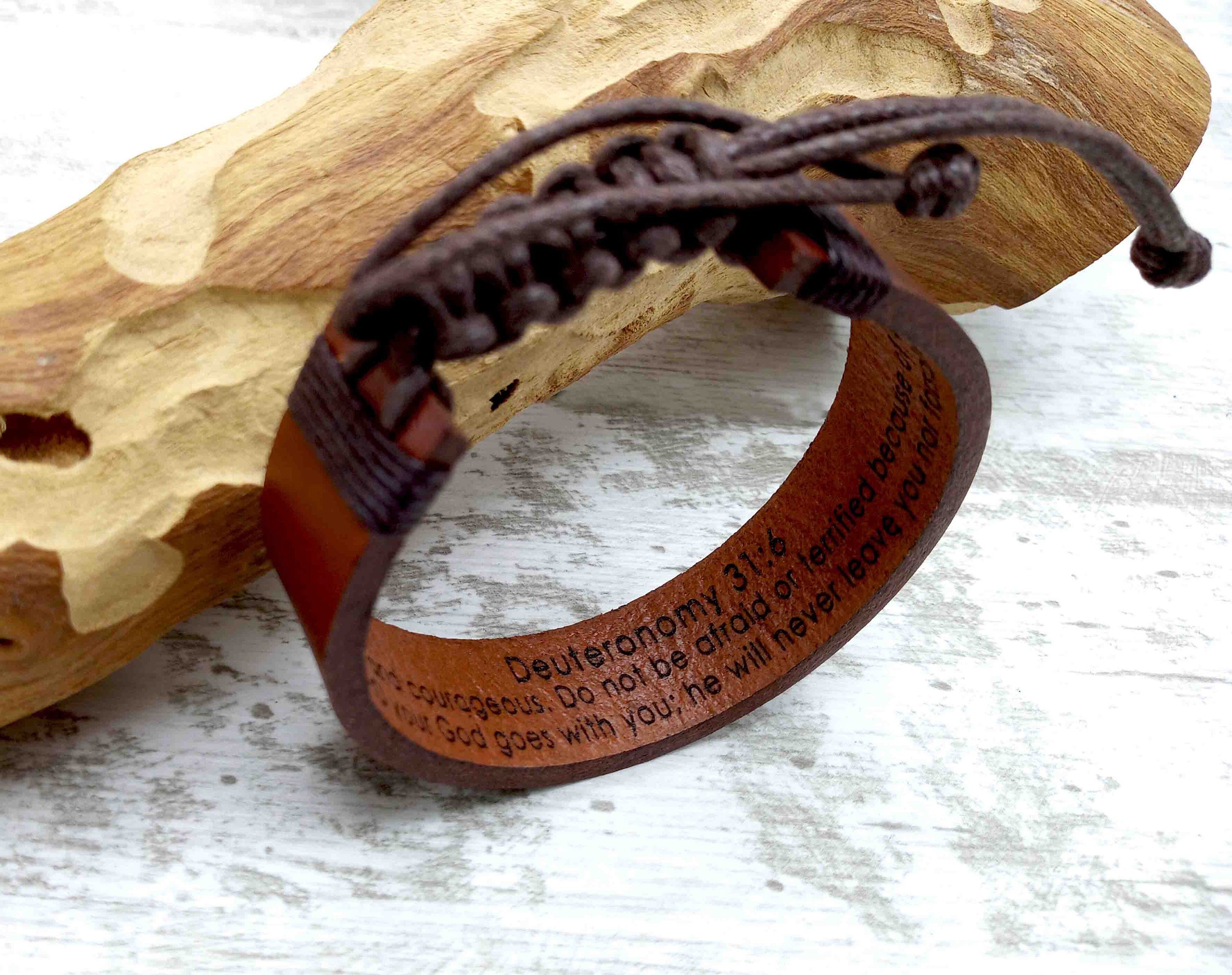 Personalized Cross Engraved Adjustable Leather Bracelet, Bible Verse Bracelet, Christian Gift, Religious Gift, Gift for Husband Gift