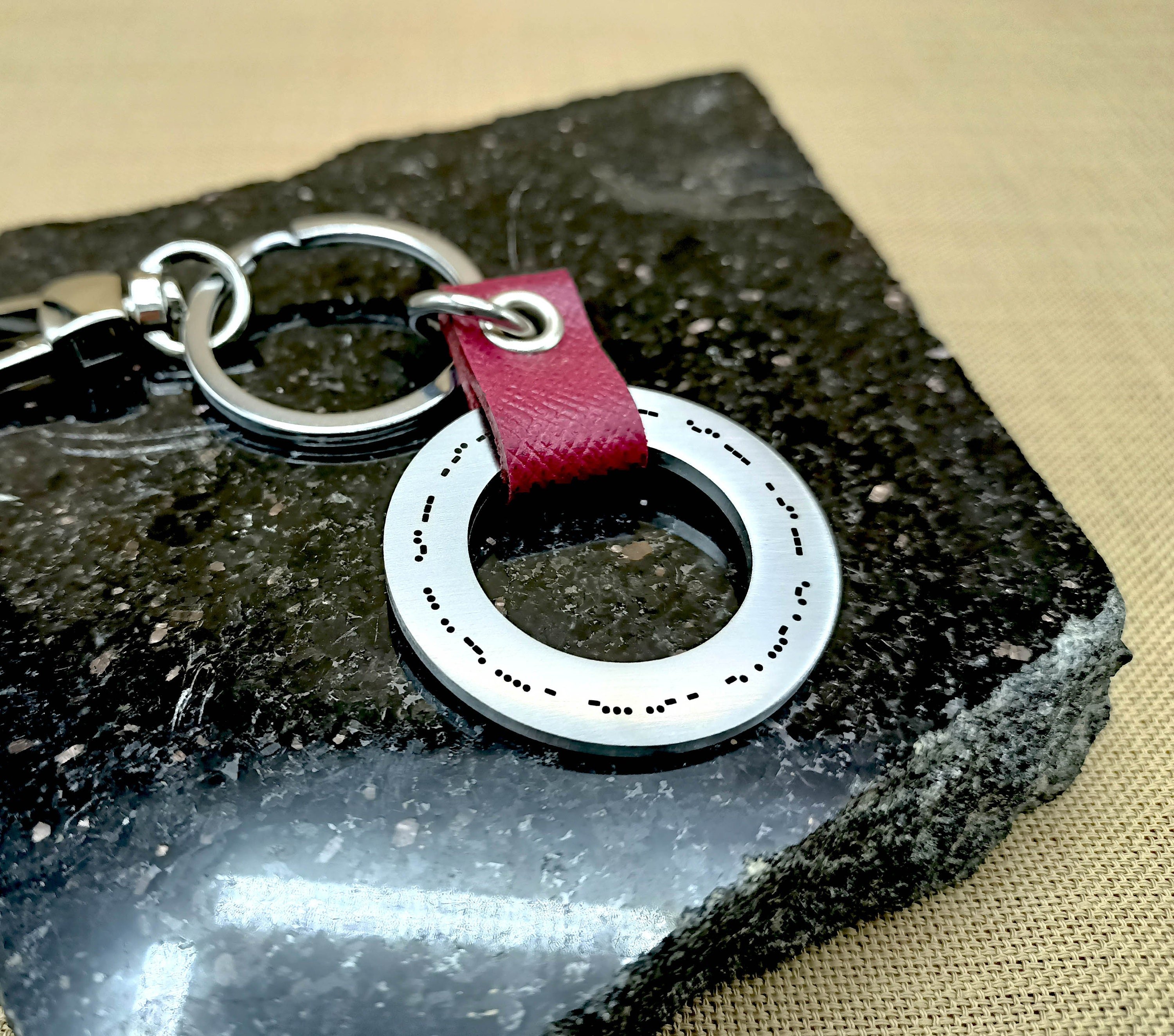 Custom Morse Code Keychain with Saffiano Leather, Engraved Washer Keychain, Birthday Gift, Graduation Gift for Him, Gift for Her