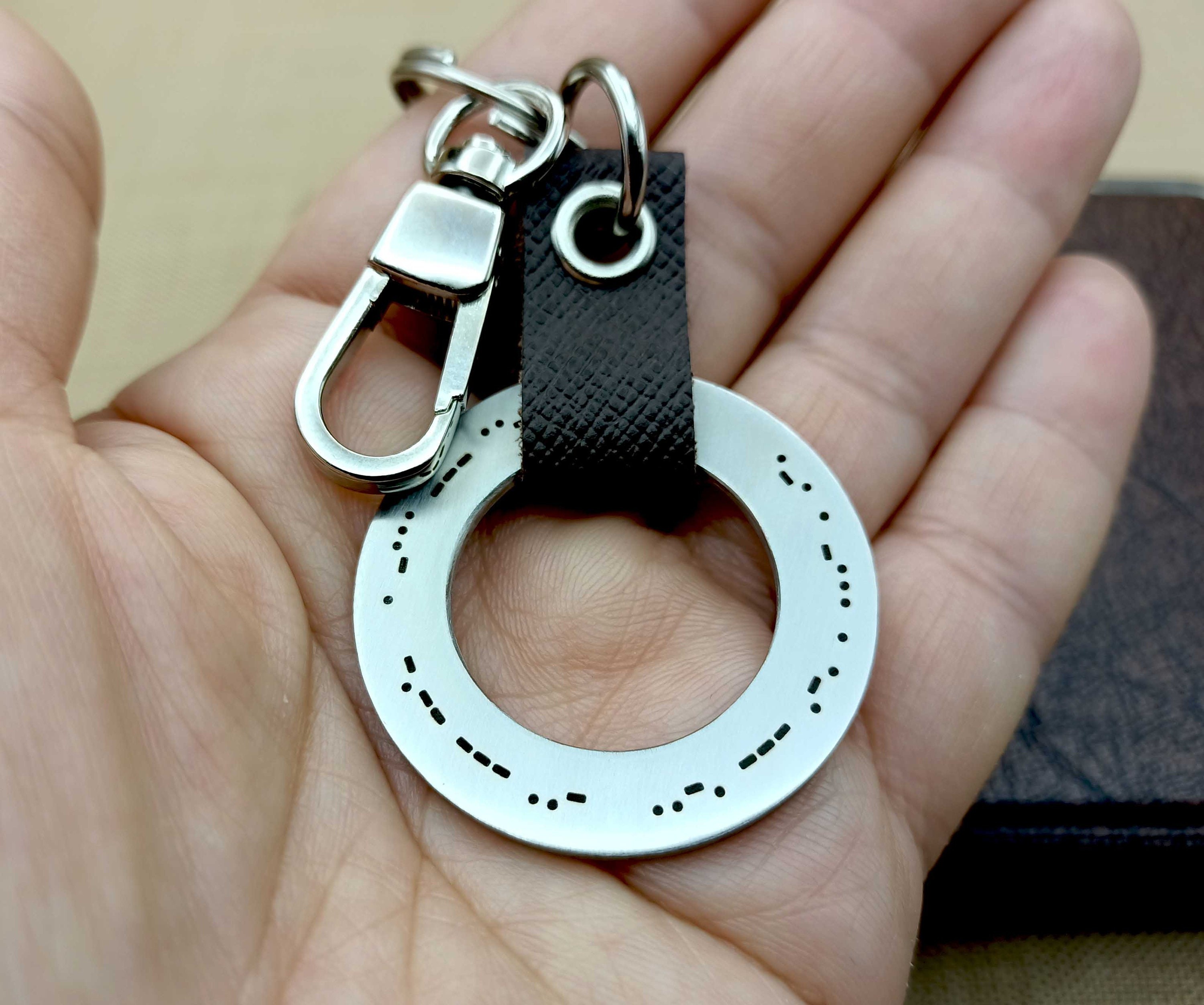 Custom Morse Code Keychain with Saffiano Leather, Engraved Washer Keychain, Birthday Gift, Graduation Gift for Him, Gift for Her