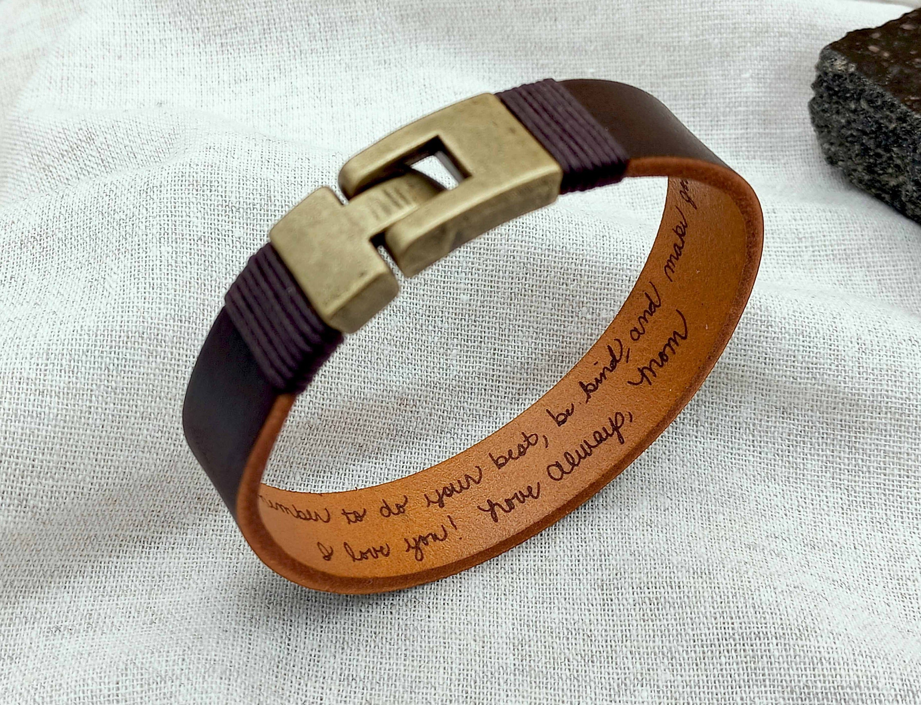 Actual Handwriting Leather Bracelet, Personalized Gift for Him, Engraved Leather Bracelet