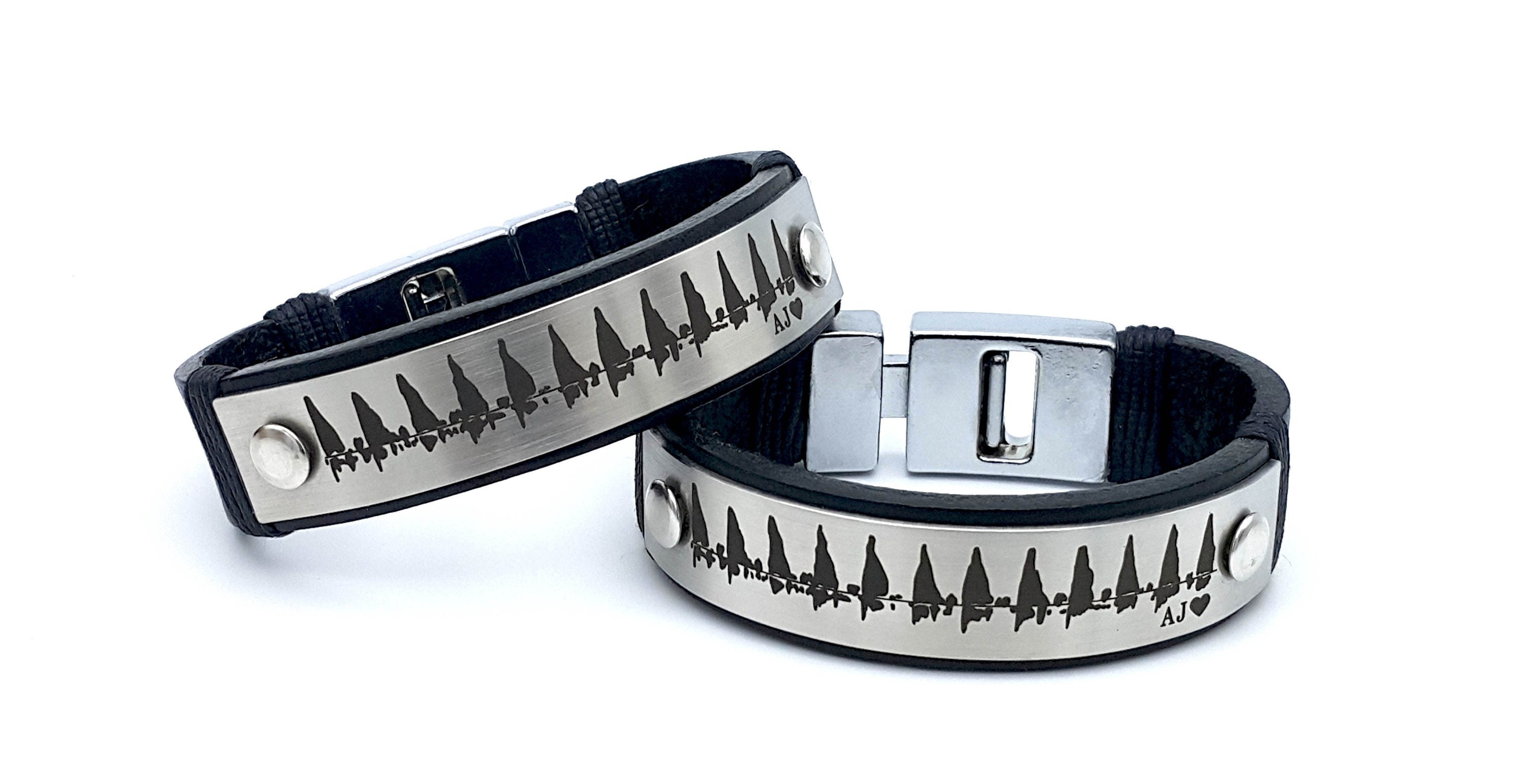 Custom Actual EKG Ultrasound Heartbeat Engraved Leather Bracelet, Audio Recording with QR Code, Valentines Day Gift for Boyfriend