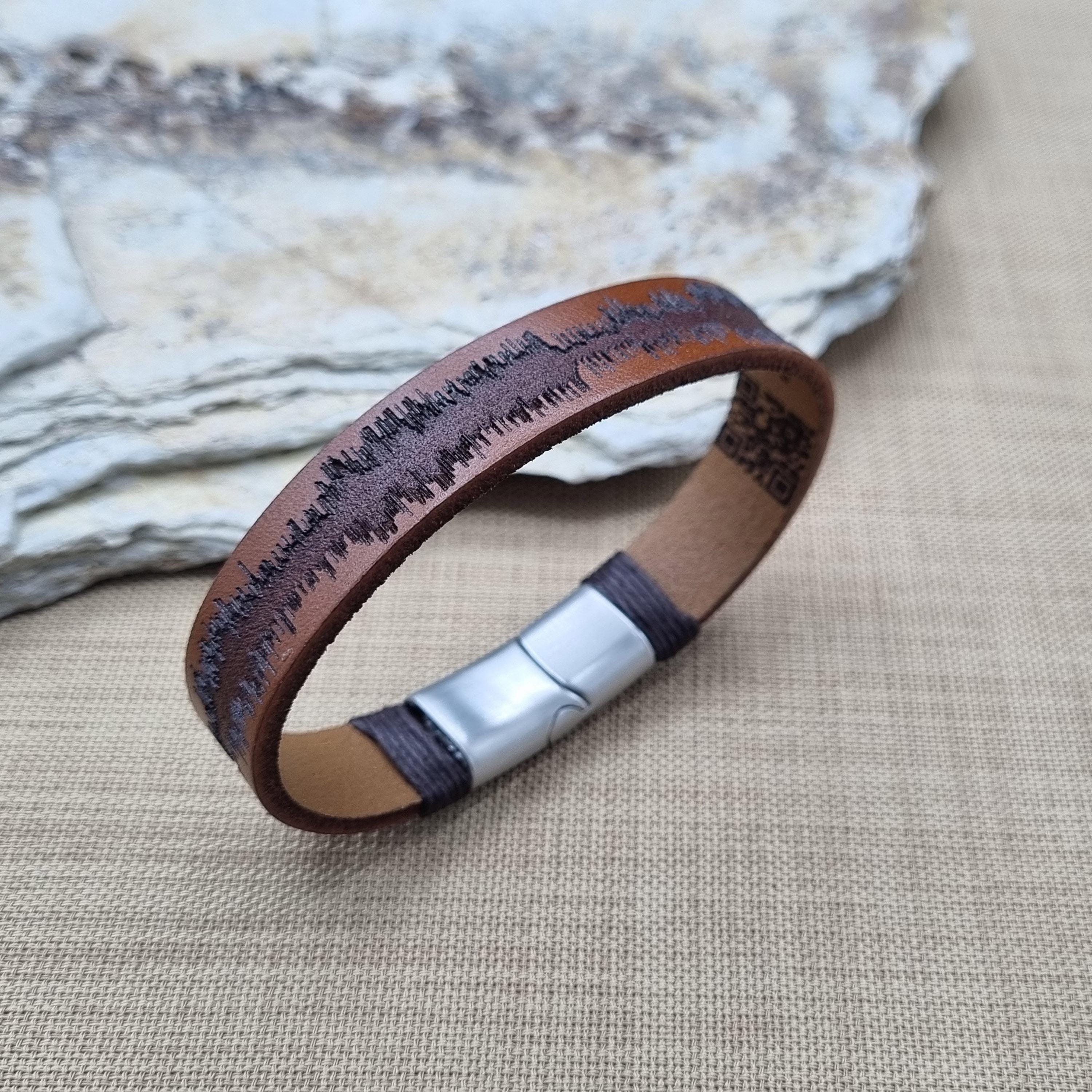 Unique Gifts for Music Lovers, Custom Engraved Soundwave Leather Bracelet with QR Code, Wedding Anniversary Gift for Him, Gift for Her