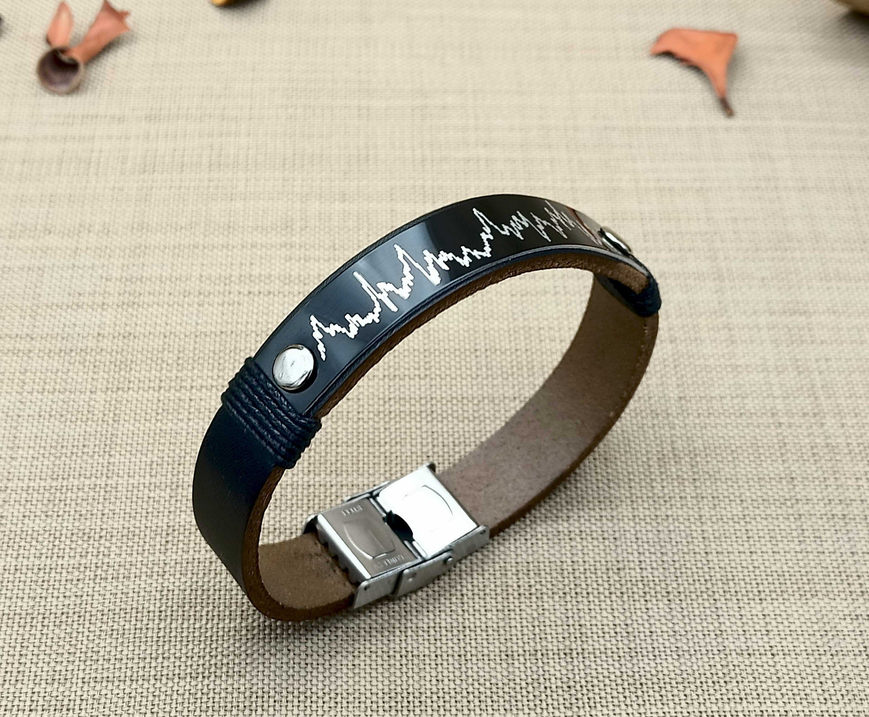 Personalized Voice Message Engraved Leather Bracelet, Custom Soundwave Bracelet with QR Code, Heartbeat, EKG, ECG, Ultrasound Gift for Mens