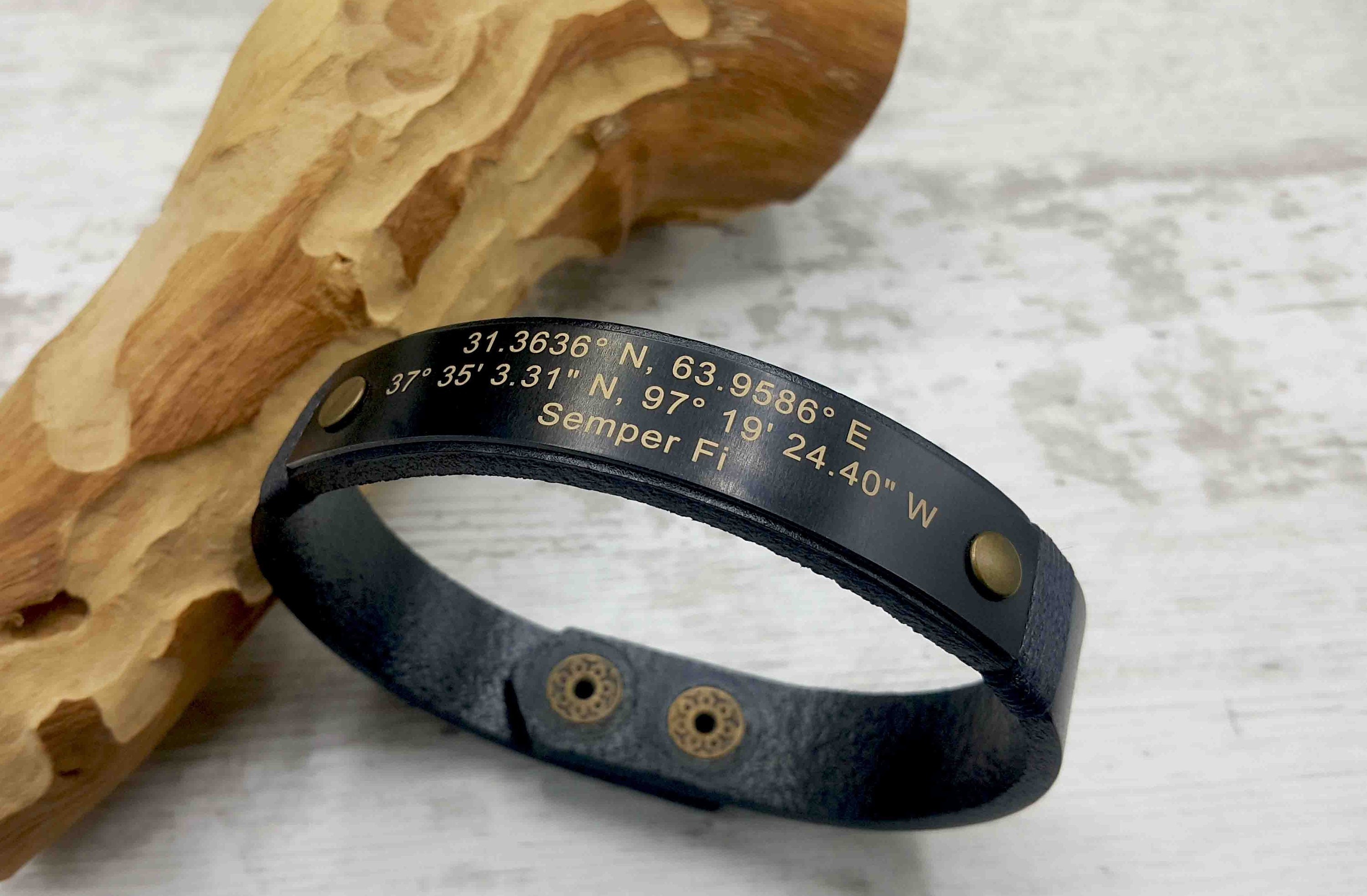 Custom Coordinates Leather Bracelet for Him | Latitude and Longitude Engraving
