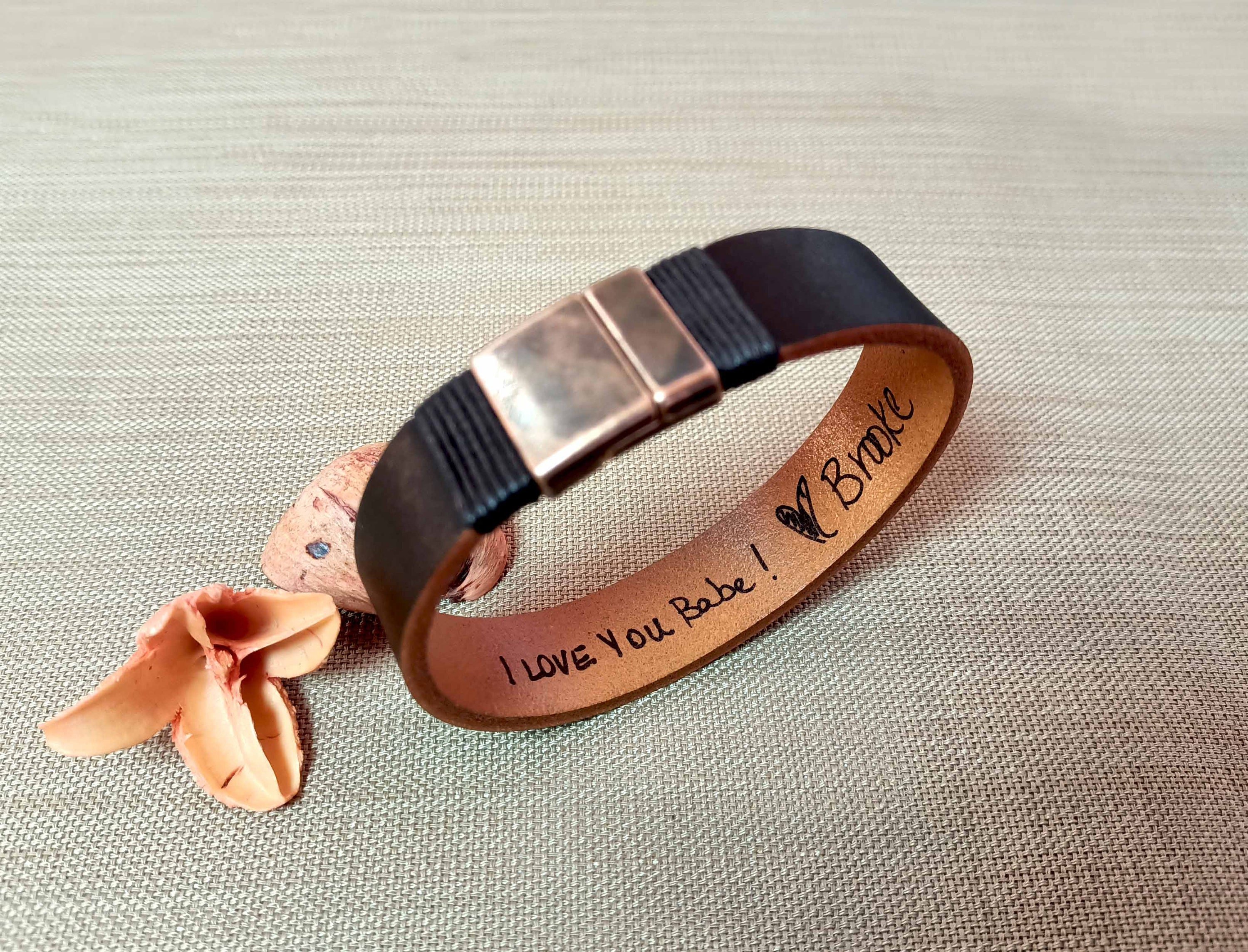Actual Handwriting Mens Leather Bracelet, Hidden Message Bracelet, Engraved Handwriting Bracelet, Personalized Gift for Him