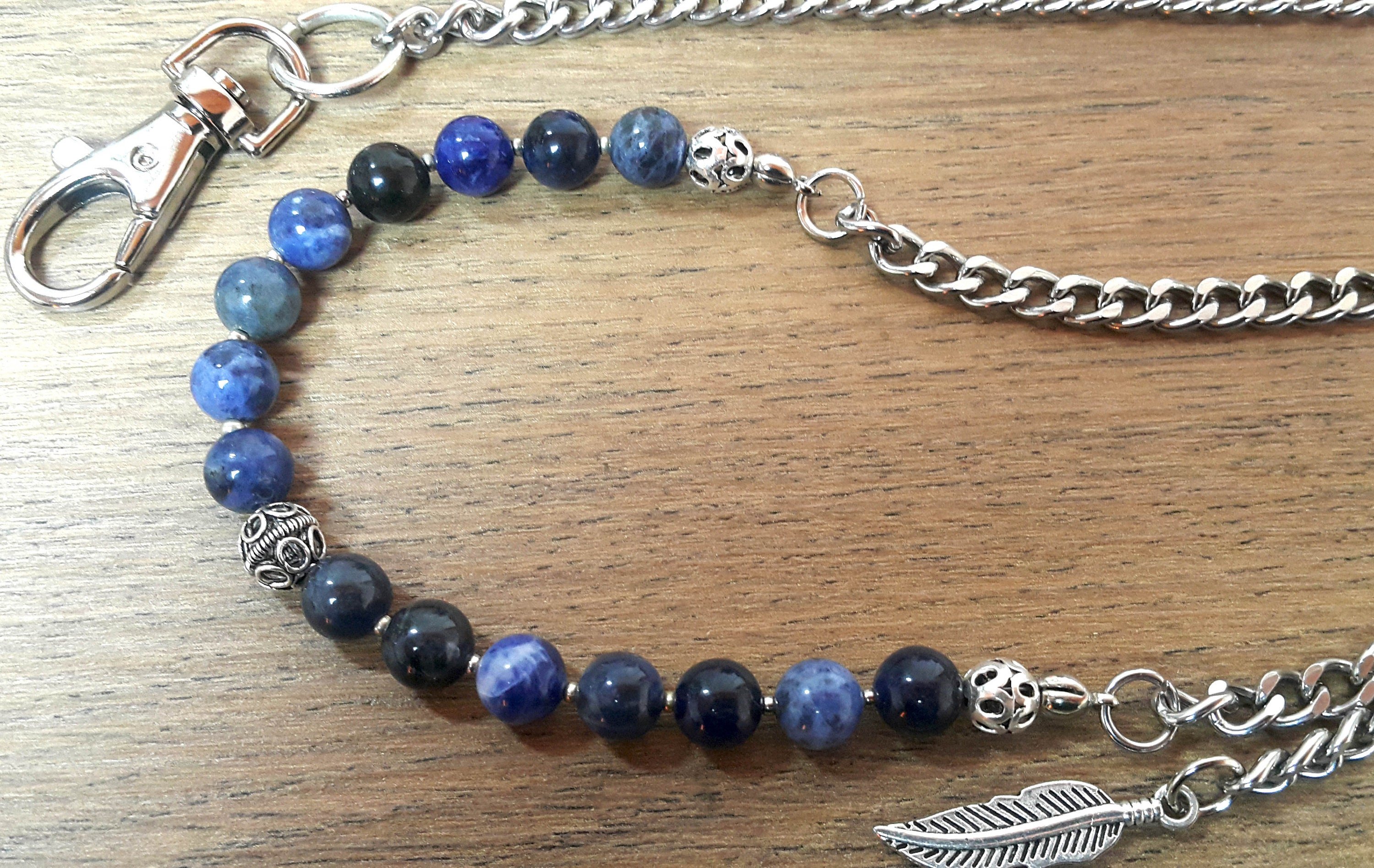 Mavi Sodalite Boncuklu Cüzdan Zinciri, Erkek Aksesuarları, Boncuklu Cüzdan Zinciri, .925 Ayar Gümüş El Yapımı Kanca, Maneviyat ve Özgürlük