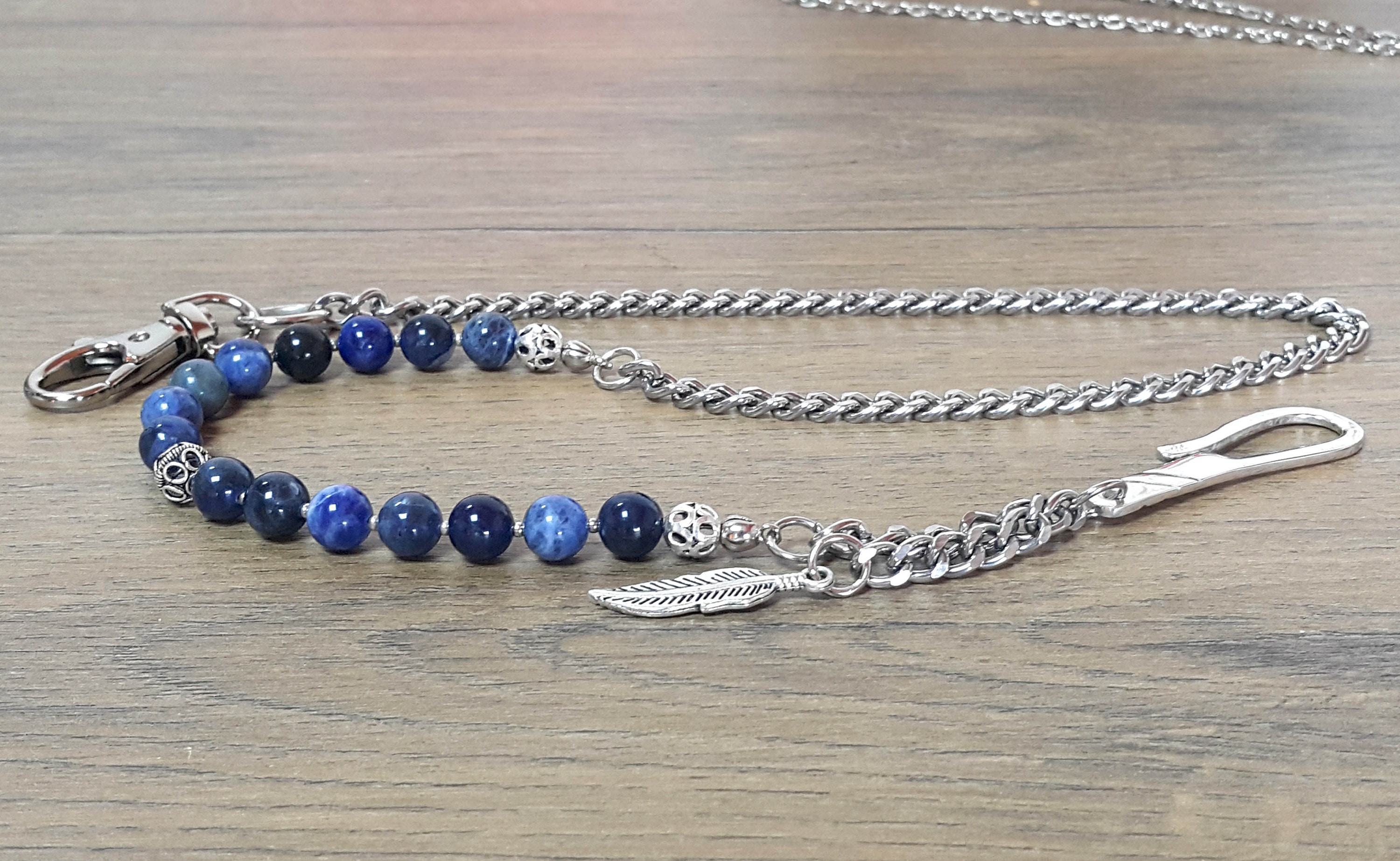 Mavi Sodalite Boncuklu Cüzdan Zinciri, Erkek Aksesuarları, Boncuklu Cüzdan Zinciri, .925 Ayar Gümüş El Yapımı Kanca, Maneviyat ve Özgürlük