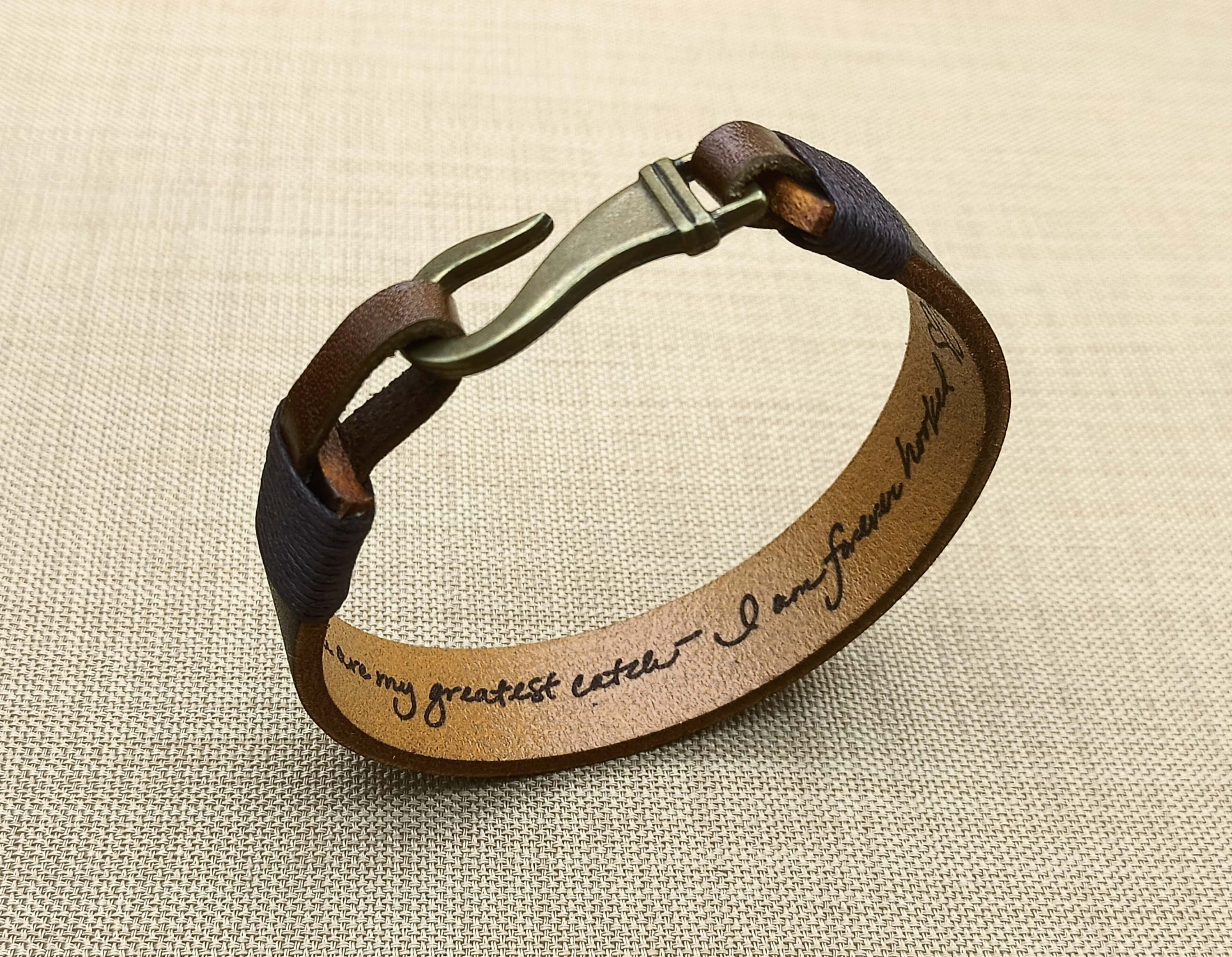 Actual Handwriting Engraved Leather Hook Bracelet, Custom Handwriting Bracelet, Personalized Gift for Him, Signature Bracelet