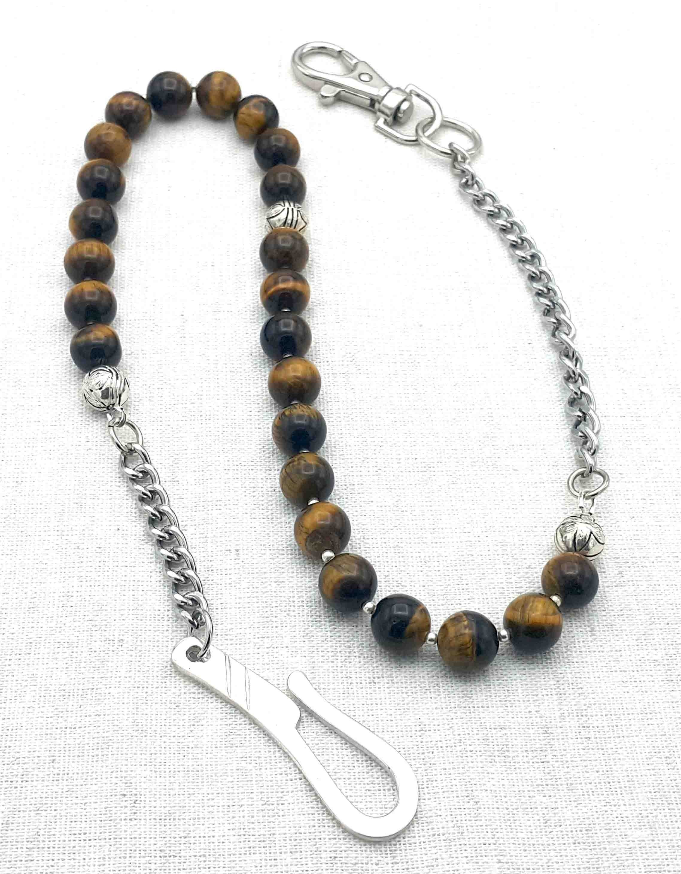 Beaded Wallet Chain, Brown Tigers Eye Chain, 925 Silver Handmade Hook, Focus and Concentration, Accessories for Men