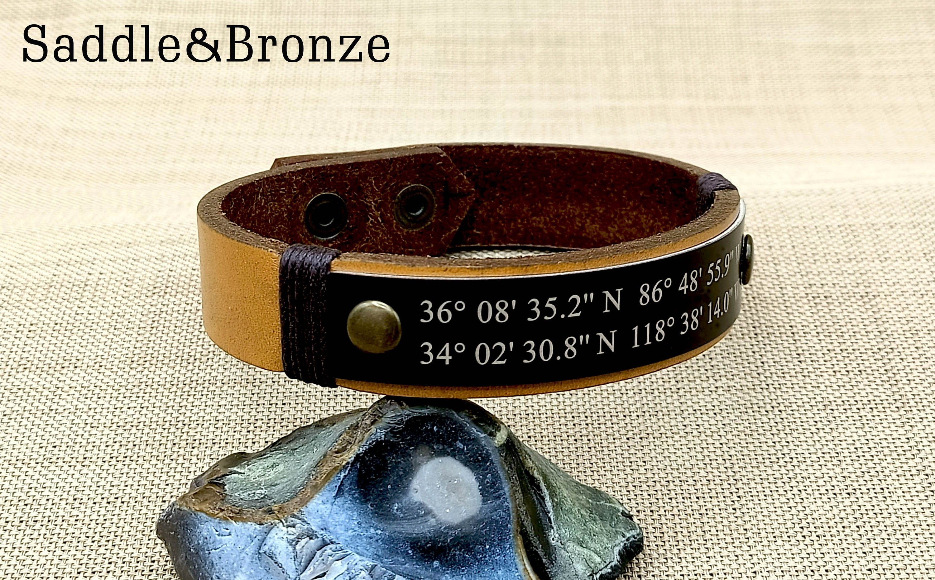 Custom Coordinates Leather Bracelet for Him | Latitude and Longitude Engraving