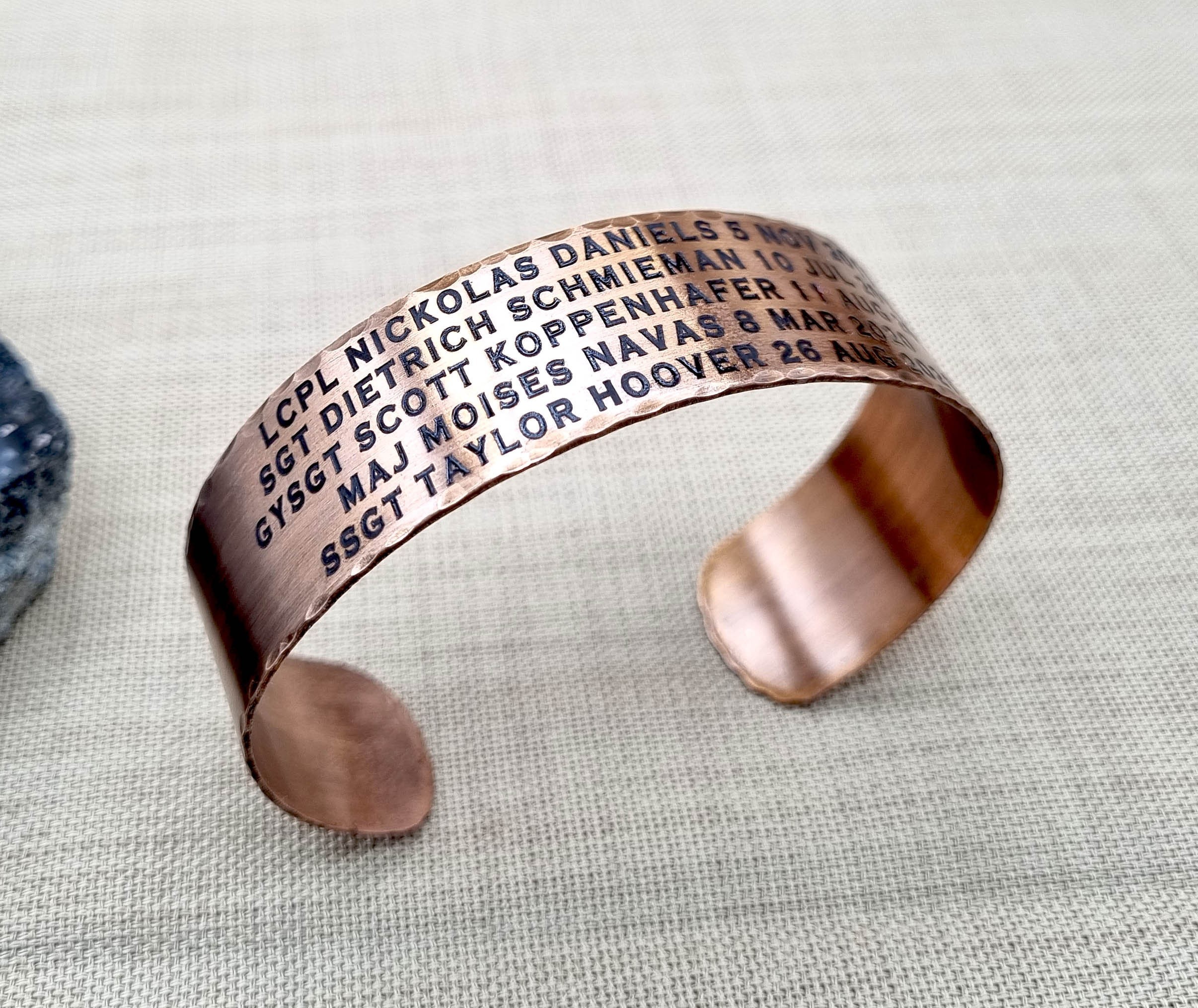 Personalized Memorial Wide Copper Cuff, Antiqued Engraved Copper Bracelet, Military Remembrance Bracelet