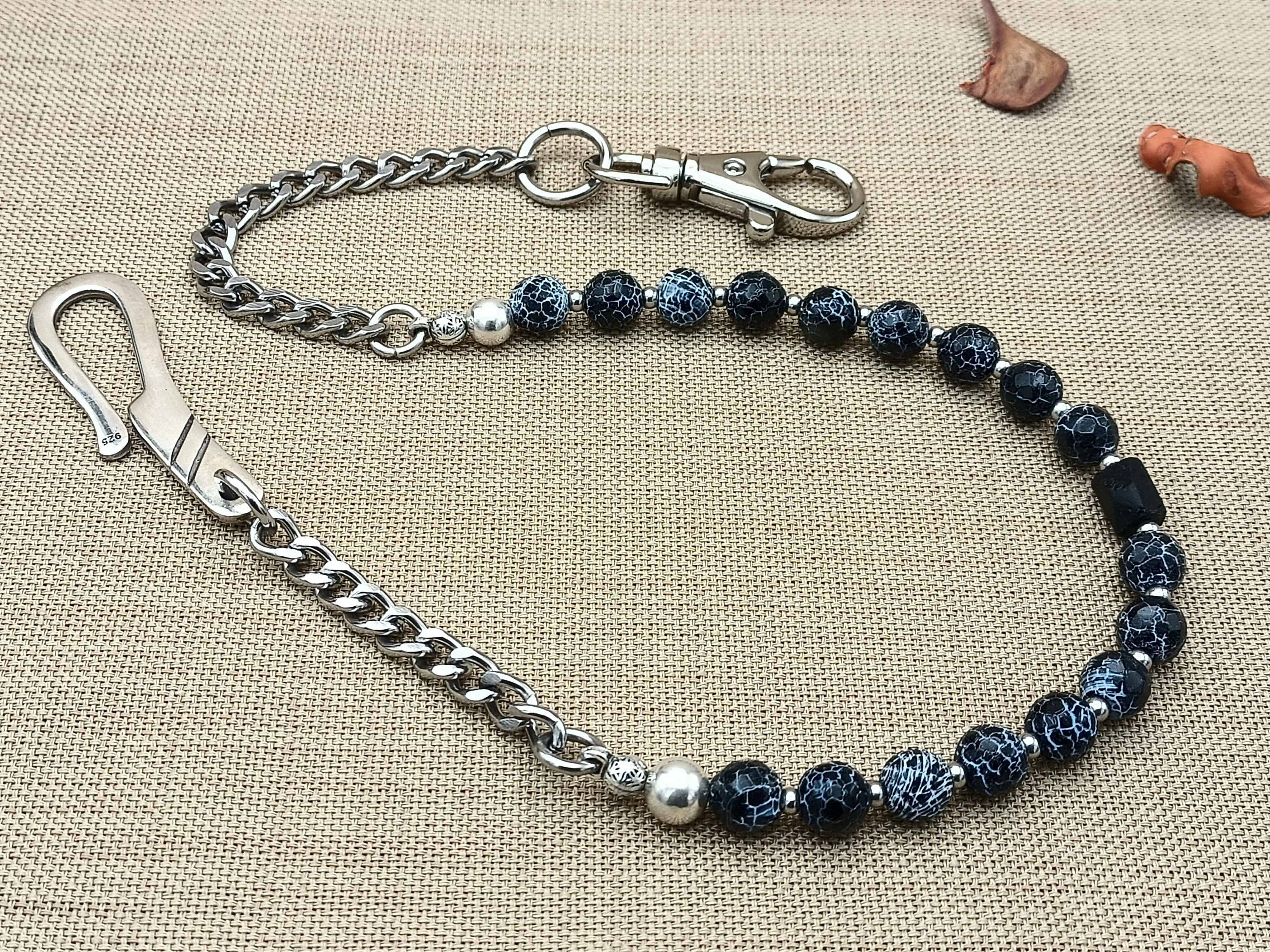 Black Beaded Wallet Chain for Mens - Mens Chain Jewelry - Mens Accessories - 925 Sterling Silver Handmade Hook