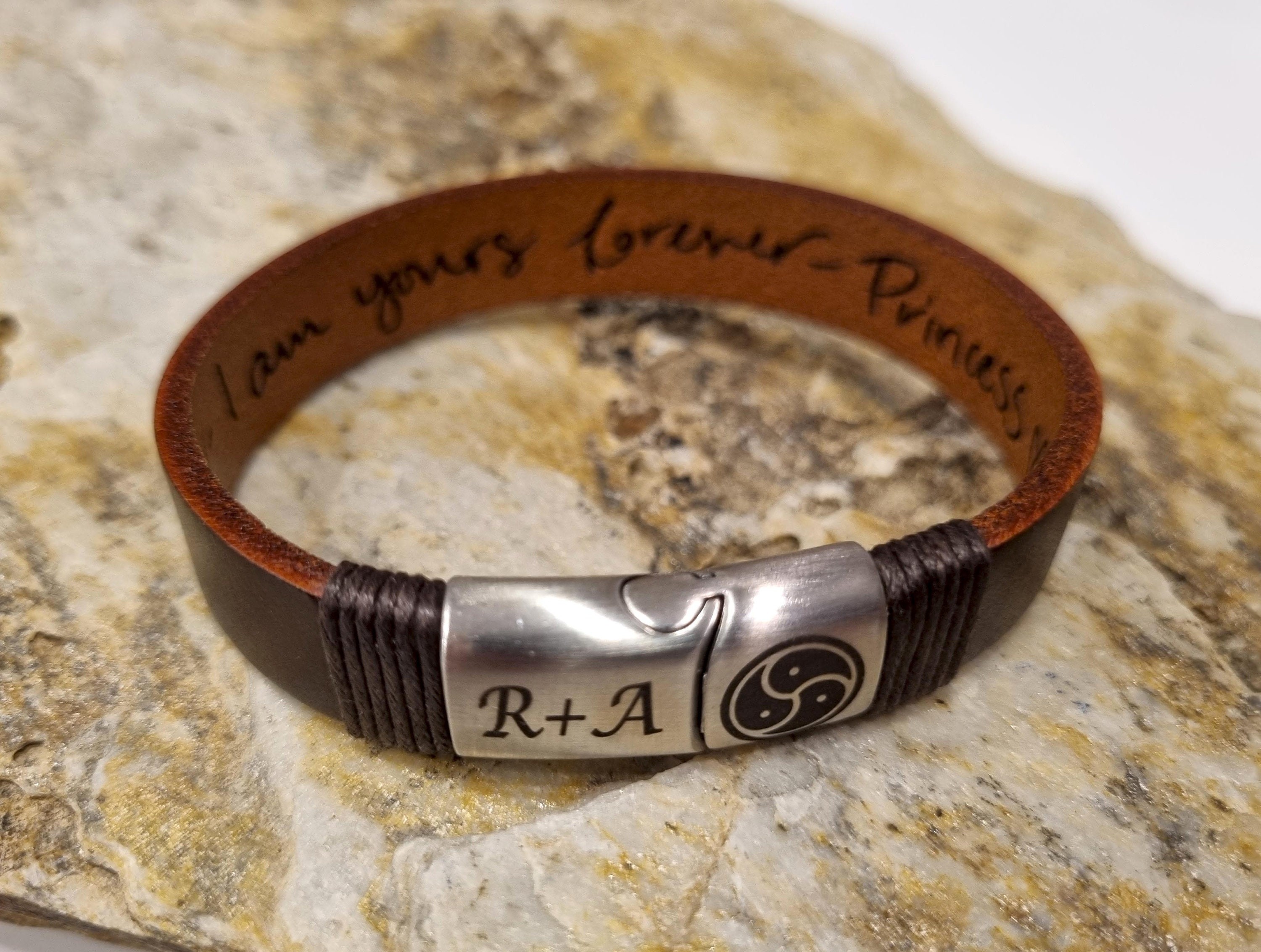 Actual Handwriting or Text Message Engraved Leather Bracelet, Personalized 3rd Anniversary Gift For Husband