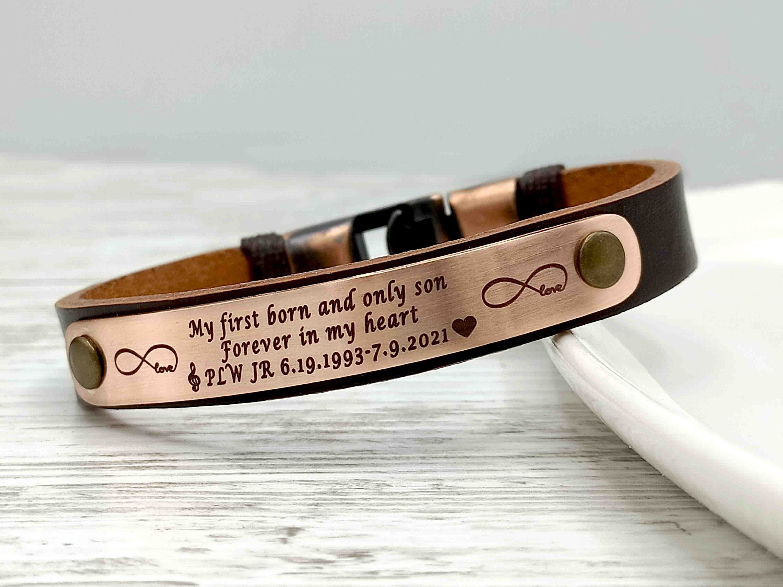 7th Anniversary Copper & Leather Bracelet | Personalized Deep Engraved Soundwave, Handwriting, Coordinates, Morse Code, or Text Message