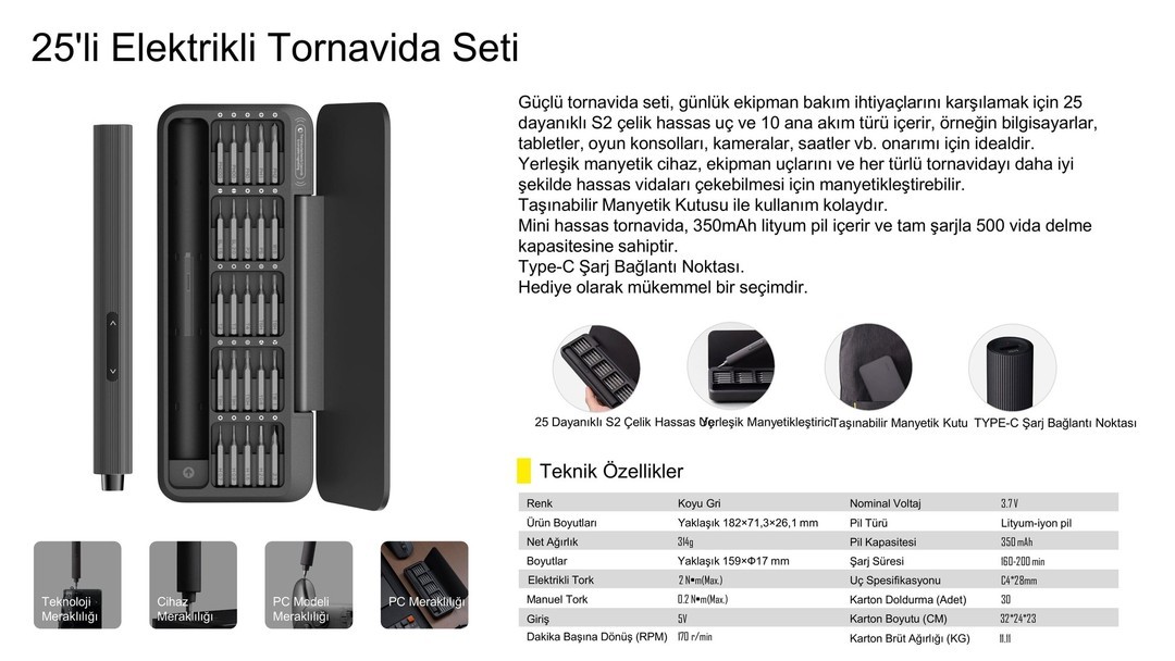 HOTO 25'i 1 Arada Elektrikli Tornavida Seti QWLSD010