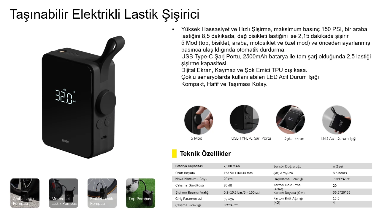 HOTO Taşınabilir Elektrikli Lastik Şişirme Cihazı