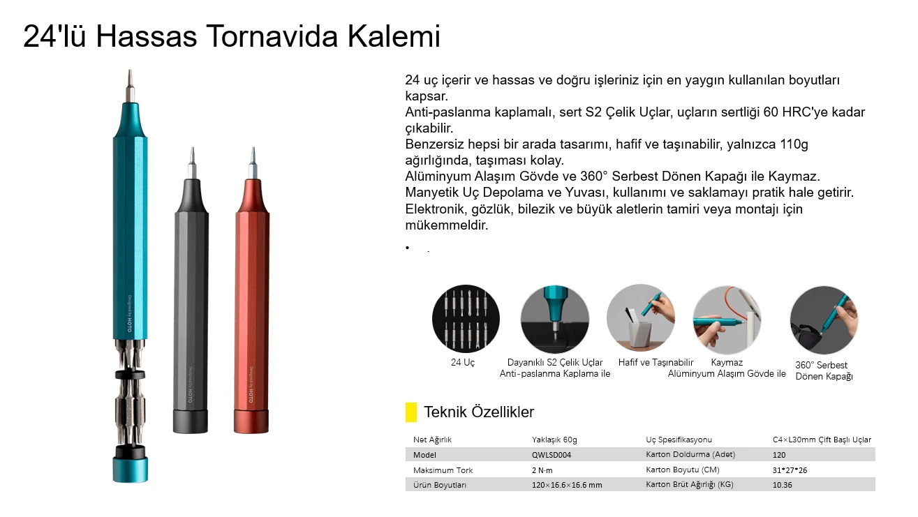 HOTO 24'ü 1 arada Hassas Tornavida Gri