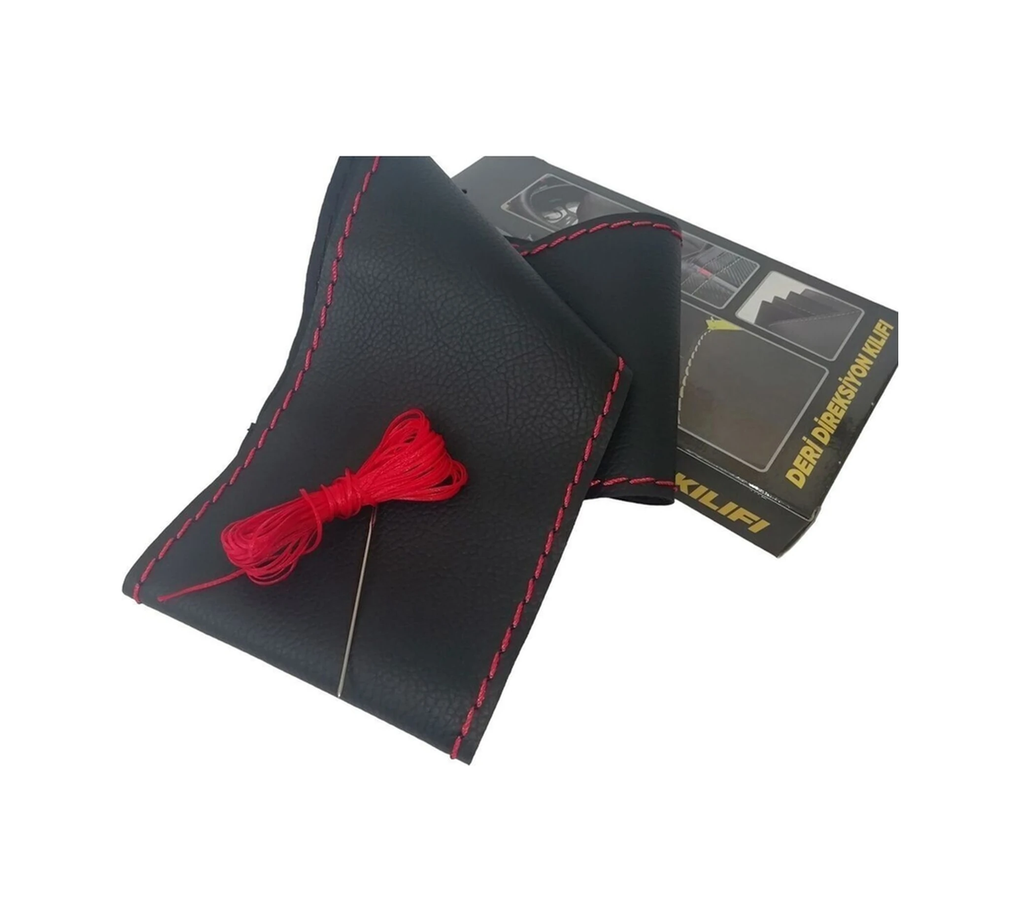 Dikişli Deri Direksiyon Kılıfı Damarlı Deri, Kırmızı Dikişli Siyah- Kırmızı