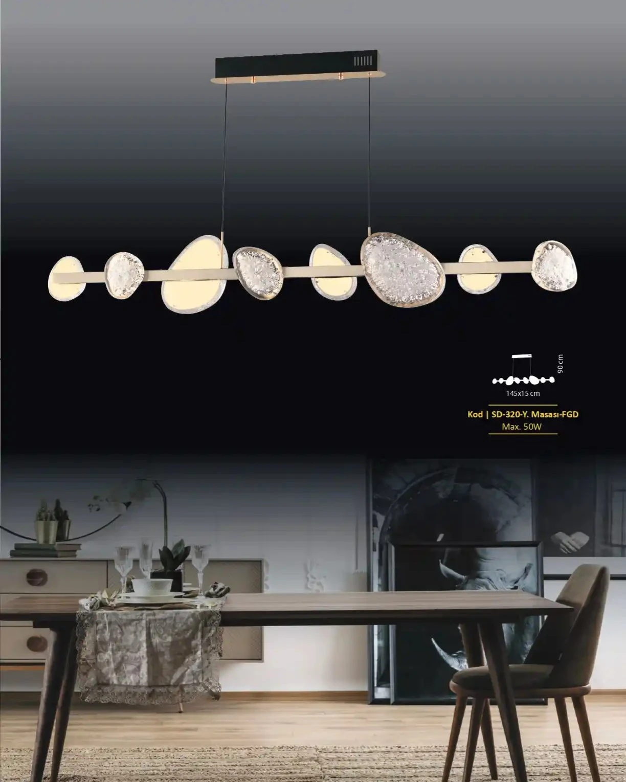 Novi Yemek Masası Üstü Avize Camlı Gold Uzun Avize 120x40 cm Modern Tasarım SK1899