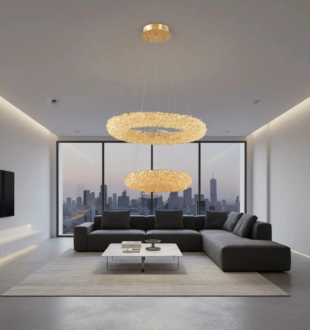 Kristal taşlı salon avizesi 2 li halka gold renk SK1989