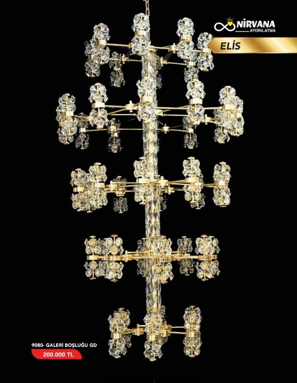 Villa Merdiven Boşluğu Avize Modelleri Gold Renk Kristal Taşlı SK199870