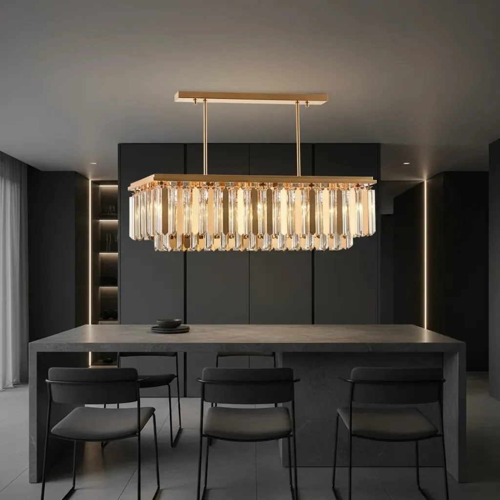 Modern Mutfak Yemek Masası Üstü Avize – Kristal Taşlı Gold Aydınlatma SK2699