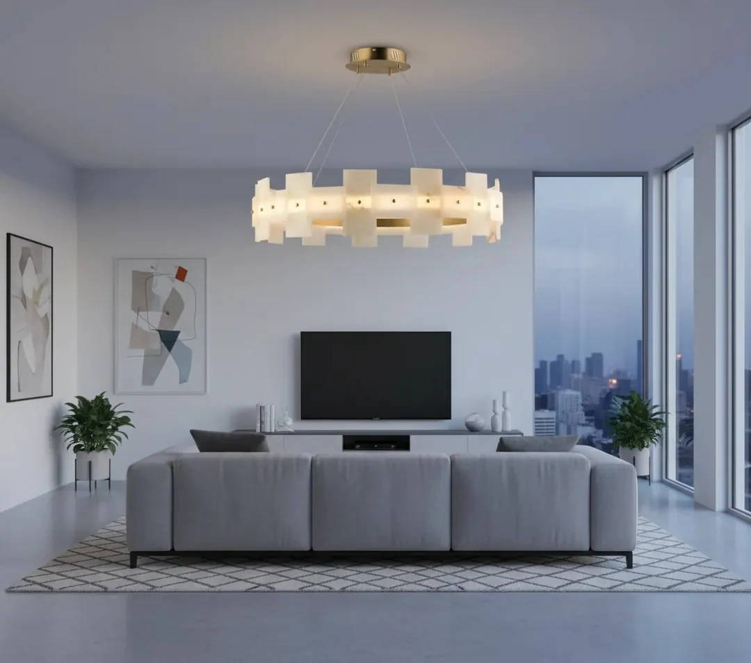 Lüks Mermer Salon Avizesi – Pirinç Renkli Modern Aydınlatma Çap 80 Cm SK2299