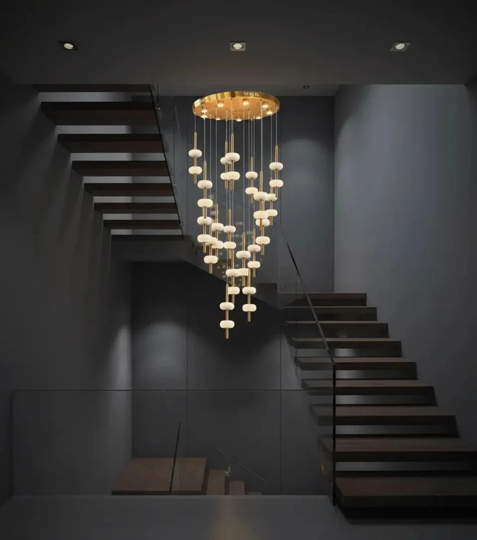 Merdiven Boşluğu Sarkıt Avize Mermer Aydınlatma  Pirinç Renk 18 Li SK4289