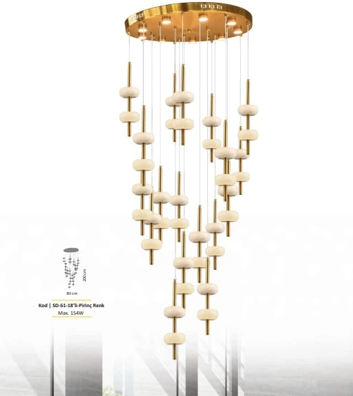 Merdiven Boşluğu Sarkıt Avize Mermer Aydınlatma  Pirinç Renk 18 Li SK4289