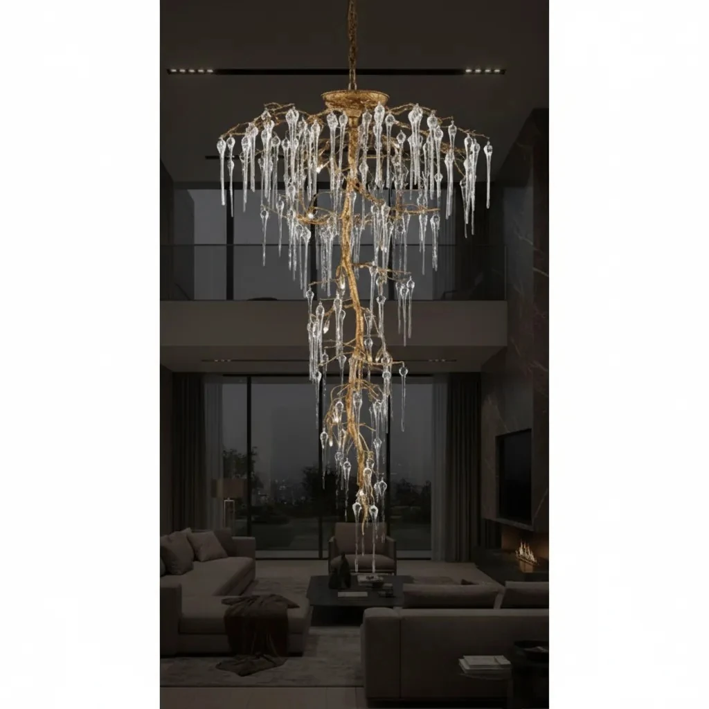 Galeri Boşluğu Avize Lüks Organik Dallı Kristal Damlalı Gold Sarkıt 