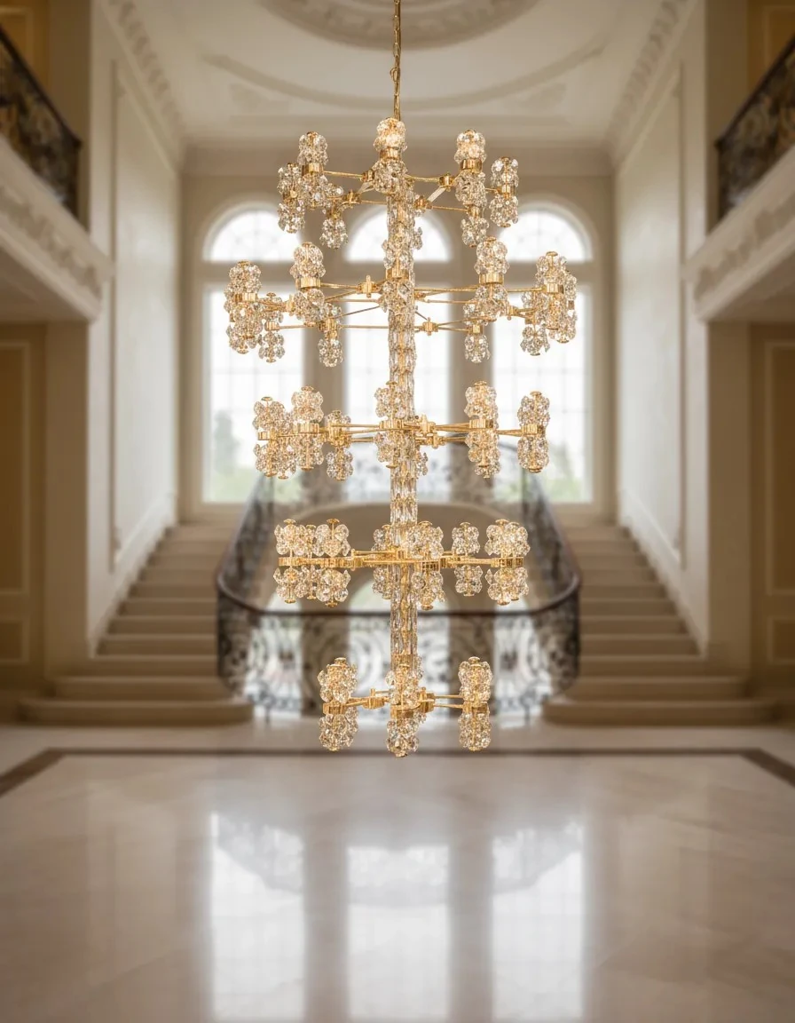 Villa Merdiven Boşluğu Avize Modelleri Gold Renk Kristal Taşlı SK199870