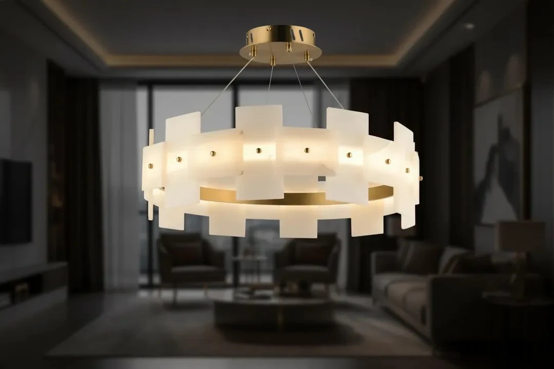 Mermer  Salon Avizesi Pirinç Renk Gövdeli Lüks Tasarım SK1589