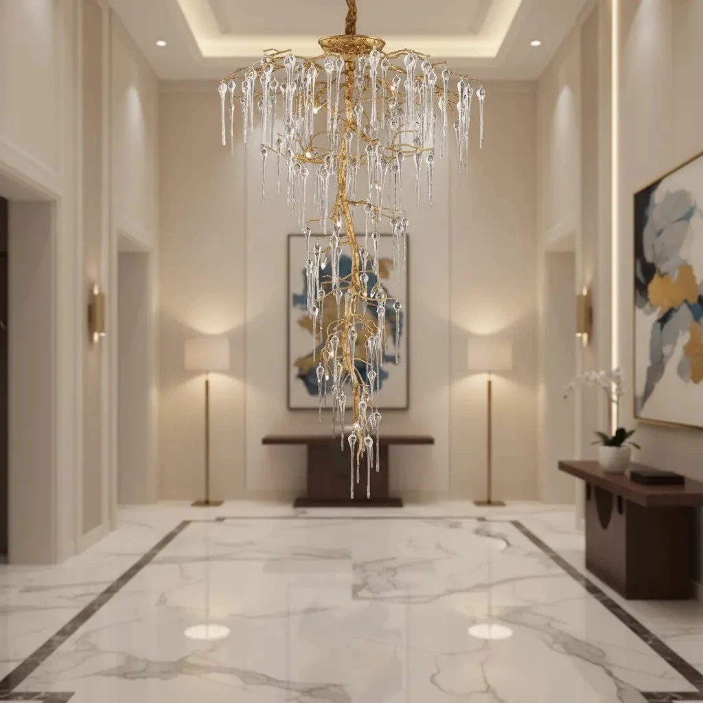 Galeri Boşluğu Avize Lüks Organik Dallı Kristal Damlalı Gold Sarkıt 