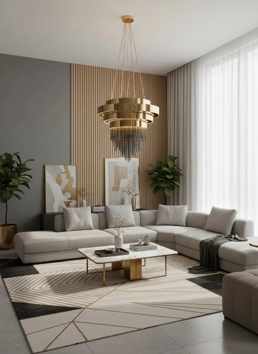 Lüks Avize Fiyatları Kristal Taşlı Salon Aydınlatma 100 cm Gold Renk SK8388