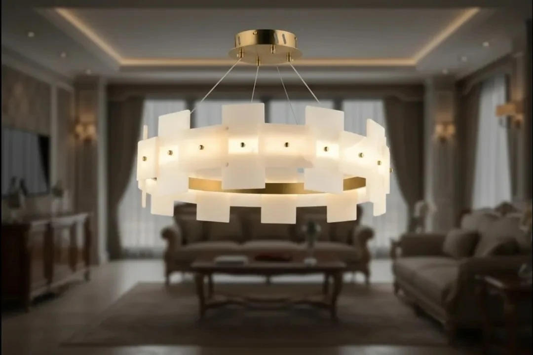 Mermer  Salon Avizesi Pirinç Renk Gövdeli Lüks Tasarım SK1589