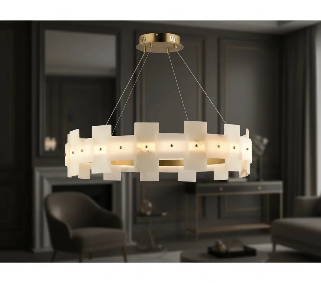 Lüks Mermer Salon Avizesi – Pirinç Renkli Modern Aydınlatma Çap 80 Cm SK2299