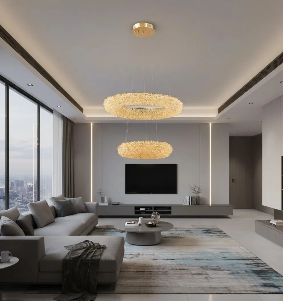 Kristal taşlı salon avizesi 2 li halka gold renk SK1989