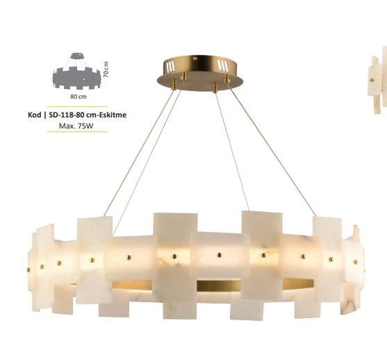 Lüks Mermer Salon Avizesi – Pirinç Renkli Modern Aydınlatma Çap 80 Cm SK2299