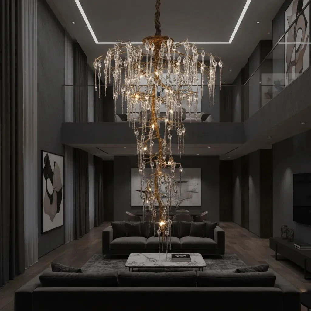 Galeri Boşluğu Avize Lüks Organik Dallı Kristal Damlalı Gold Sarkıt 