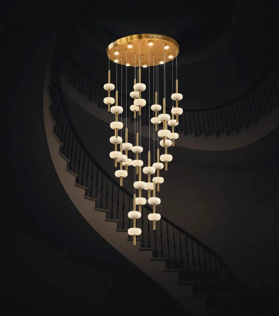 Merdiven Boşluğu Sarkıt Avize Mermer Aydınlatma  Pirinç Renk 18 Li SK4289