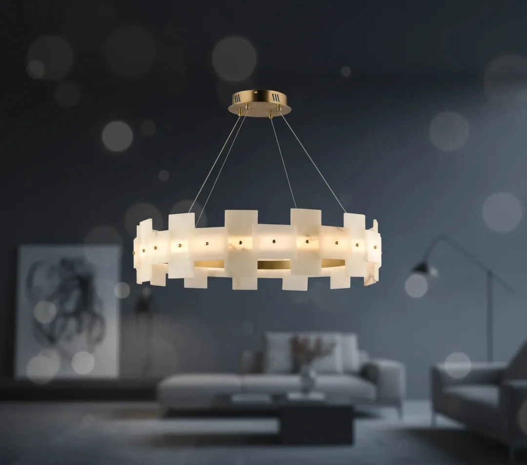 Lüks Mermer Salon Avizesi – Pirinç Renkli Modern Aydınlatma Çap 80 Cm SK2299