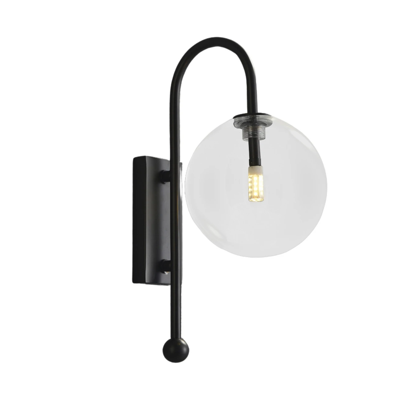 Vesta Siyah Kavisli Kol Şeffaf Cam Duvar Lambası