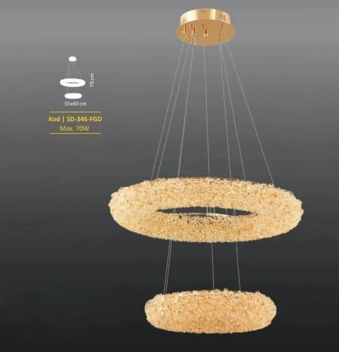 Kristal taşlı salon avizesi 2 li halka gold renk SK1989