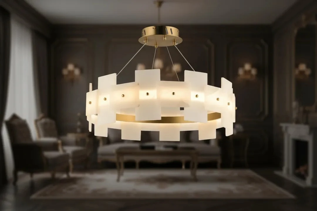 Mermer  Salon Avizesi Pirinç Renk Gövdeli Lüks Tasarım SK1589