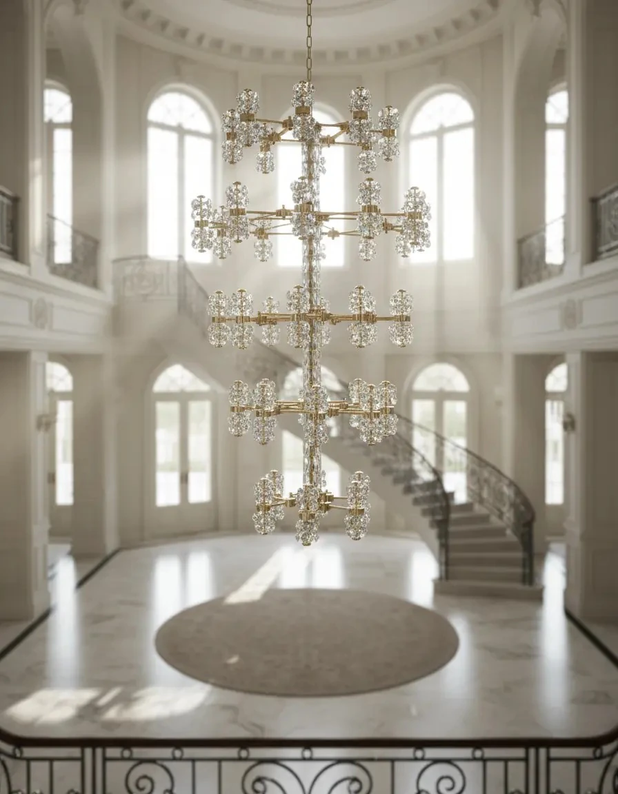 Villa Merdiven Boşluğu Avize Modelleri Gold Renk Kristal Taşlı SK199870