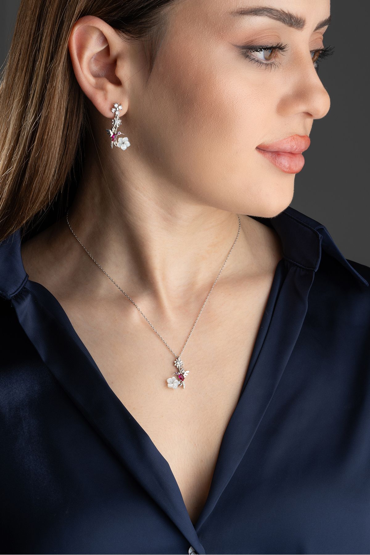 Çiçekli Kolye Küpe Gümüş Takı Seti